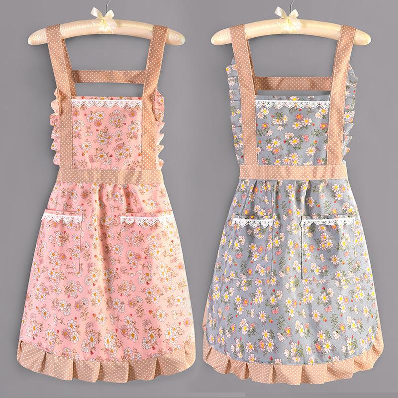 Floral Large Pocket Canvas Cotton Apron Kitchen Home Wipeable Hand Strap