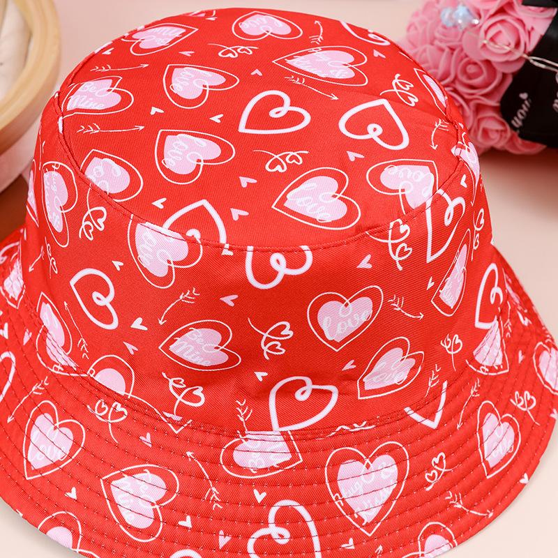 New fashionable heart-shaped printed double-sided bucket hat kiss pattern trendy sunshade sun hat sunscreen basin hat