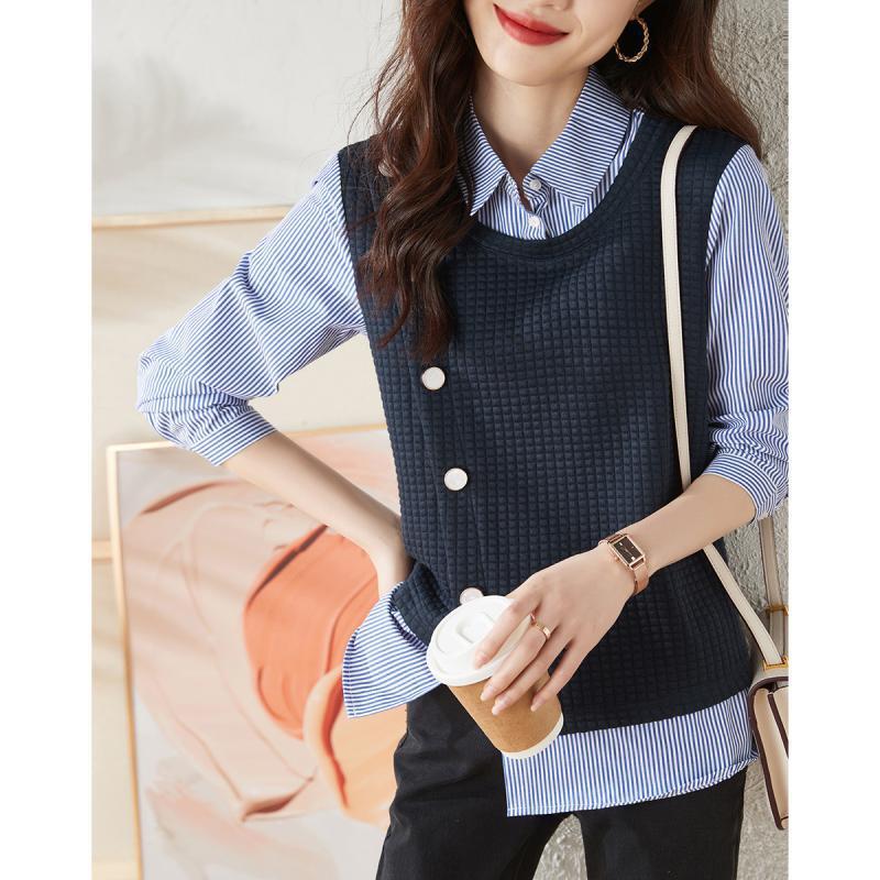 Spring Autumn New Polo-neck Vintage Striped Patchwork Shirt Ladies Long Sleeve Fake Two Pieces Casual Fashion Blouse Women's Top