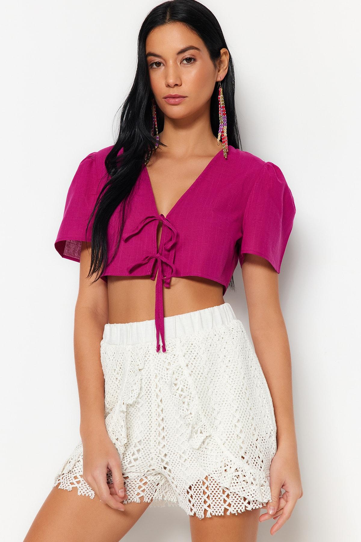 

Укороченная блузка из 100% хлопка цвета фуксии с завязками TBESS23BZ00052..