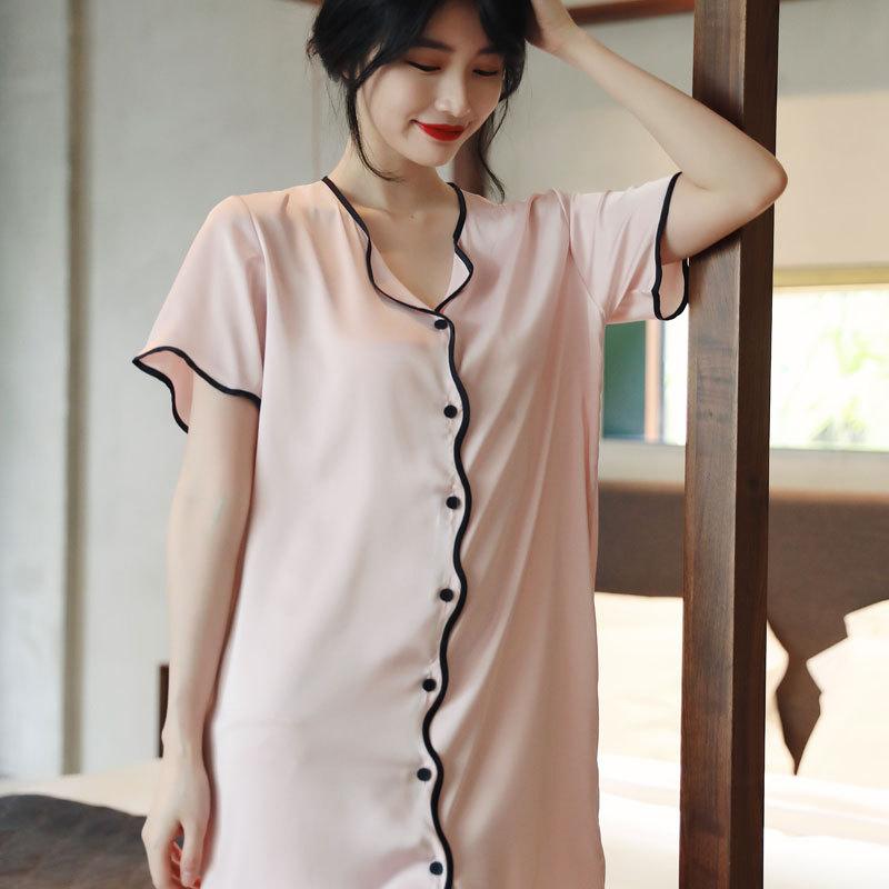Women’s Sexy Short Sleeve Princess Style Satin Ice Silk Shirt Nightgown Spring Summer Autumn Sleepwear