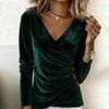 Yousheng Women Tops Slim Fit V Neck Long Sleeve Soft Stretchy Pullover Tops Solid Color Side Pleated Design Buttons Decor Casual Blouse