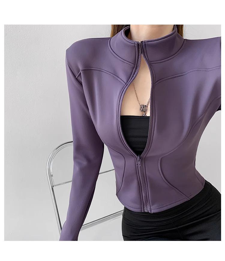 Women's Velvet Plus Long Sleeve Fitness Jacket - Slimming Stand Collar Yoga Top