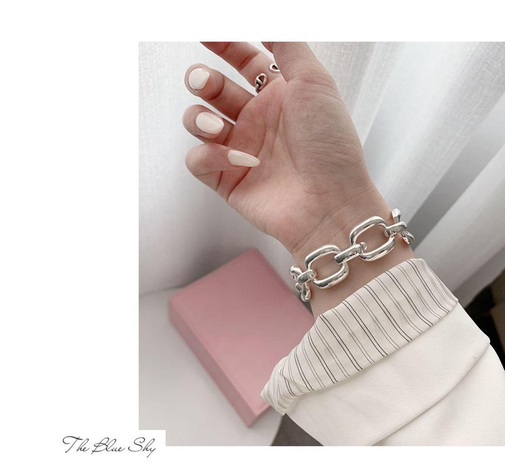 Korean S925 Sterling Silver Geometric Cutout Bracelet - Women's Retro Hong Kong Style Trendy Bangle