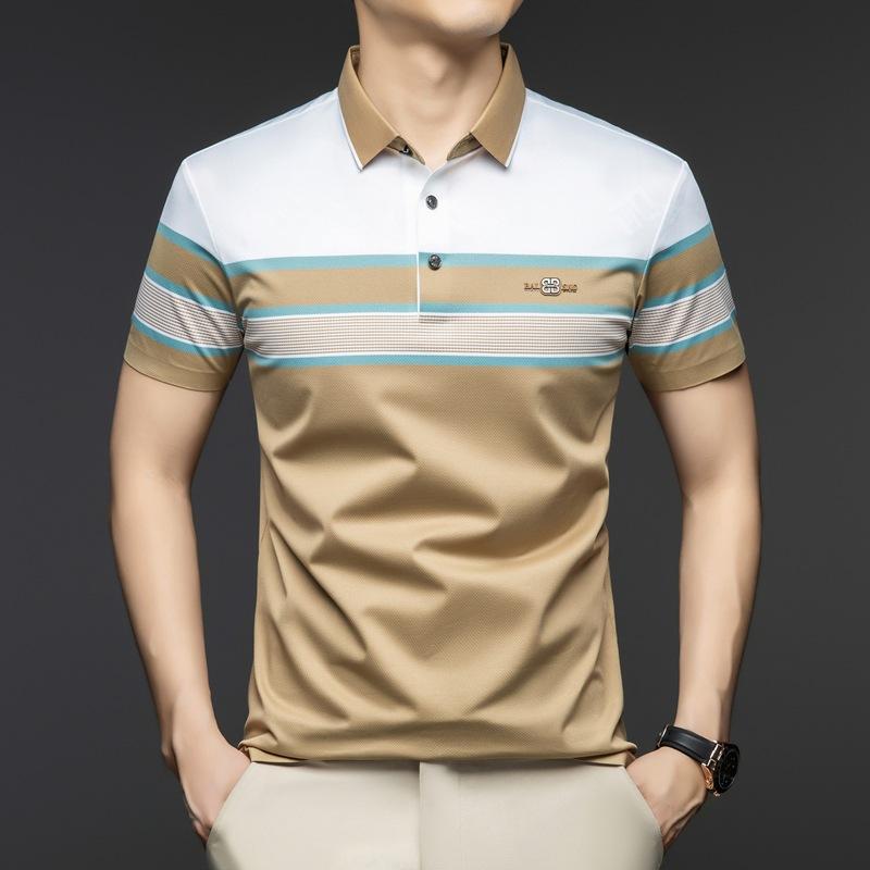 Herren T-Shirt Kurzarm Dünn Gestreift Revers Atmungsaktiv Farbpassend Hochelastisches Poloshirt