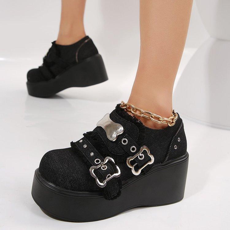 Klobige Plateaustiefeletten Damen Winter Y2K Dicke Sohle Denim Damen Schwarz Gothic Lolita Schuhe