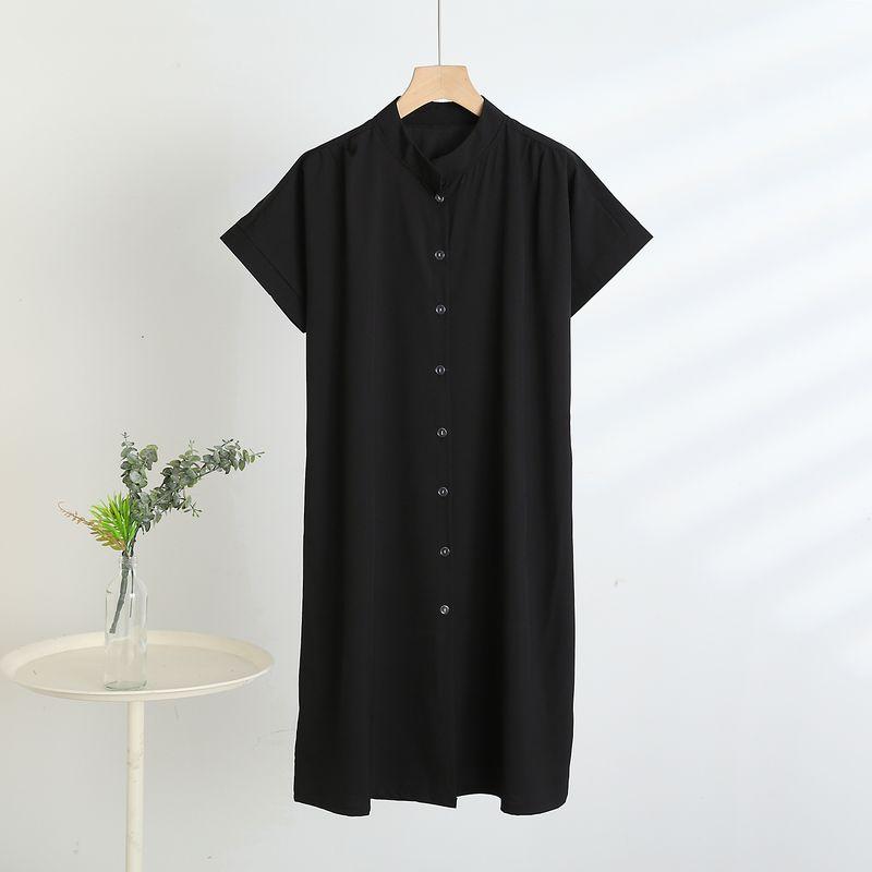 

Mid-Length Bourette Shirt Dress Women Summer Outer Wear Short sleeve Dress Plus size Loose Artificial Cotton Solid Casual Skirt Black 4XL (recommended 67.50 kg-77.50 kg