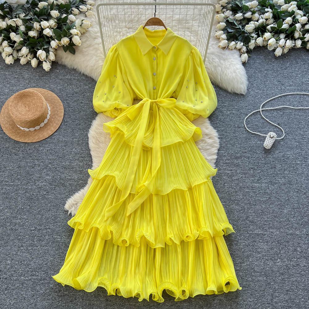 French retro court style heavy industry nails, drilled lantern sleeves, straps, waist and thin temperament ruffle edge pleated dress
