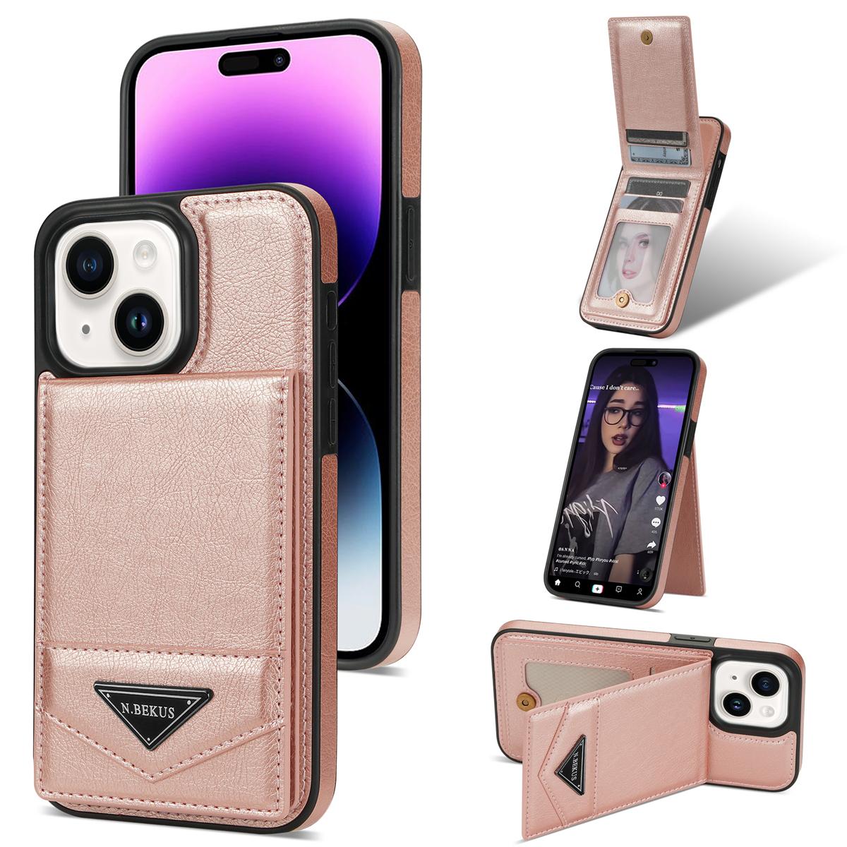 

N.BEKUS Для iPhone 15 Чехол из ПУ кожи+ТПУ с подставкой Вертикальный флип Держатель для карт Блокировка RFID Чехол для телефона Pink