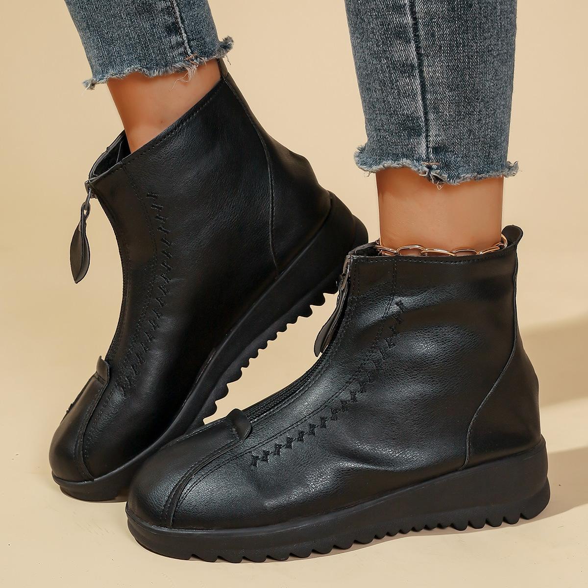 

Fashion Autumn and Winter New Padded Warm Cotton Shoes Middle-aged Mother Ankle Boots Casual Flat Bottom Comfortable Front Zipper Botas 35 чёрный