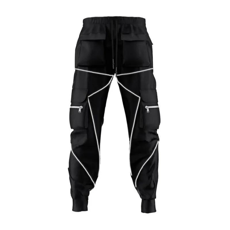 2024 Four Seasons Men's Fitness Outdoor Jogging Cotton Casual Pants Reflective Decorative Sports Pants Hip Hop Rope Overalls