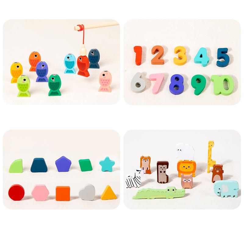 4-in-1 Wooden Animals Numbers Magnetic Fishing Game Digital Shape Cognition Matching Block Preschool Children Educational Toys