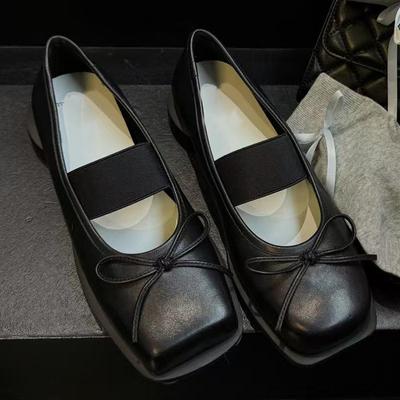 Retro Shallow Square Toe Ballet Shoes Women Bow New One Word Belt Round Thick Heel Mary Jane 2025 Slip On Black Casual Shoes