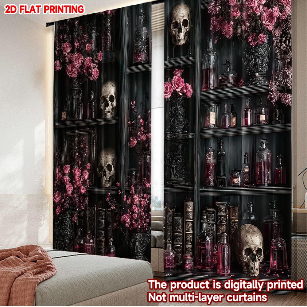 

2D flat printing 2pcs Fashionable Christmas curtains Halloween Skull and Rose Digital Printed Polyester Drapes Spring Use for 100*130 HOOK 1pcs