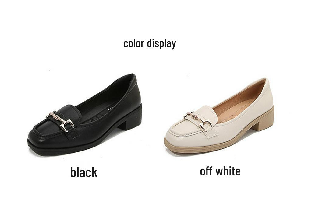Women's 2026 New Style Black Leather Loafers - Soft Sole, Comfortable, Low-Cut Chunky Heel, Square Toe, Spring/Autumn.