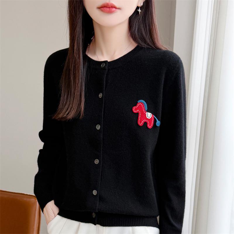 Andy's Women's Cartoon Pony Embroidered Knit Cardigan - Round Neck, Long-Sleeved, Autumn Winter Sweater