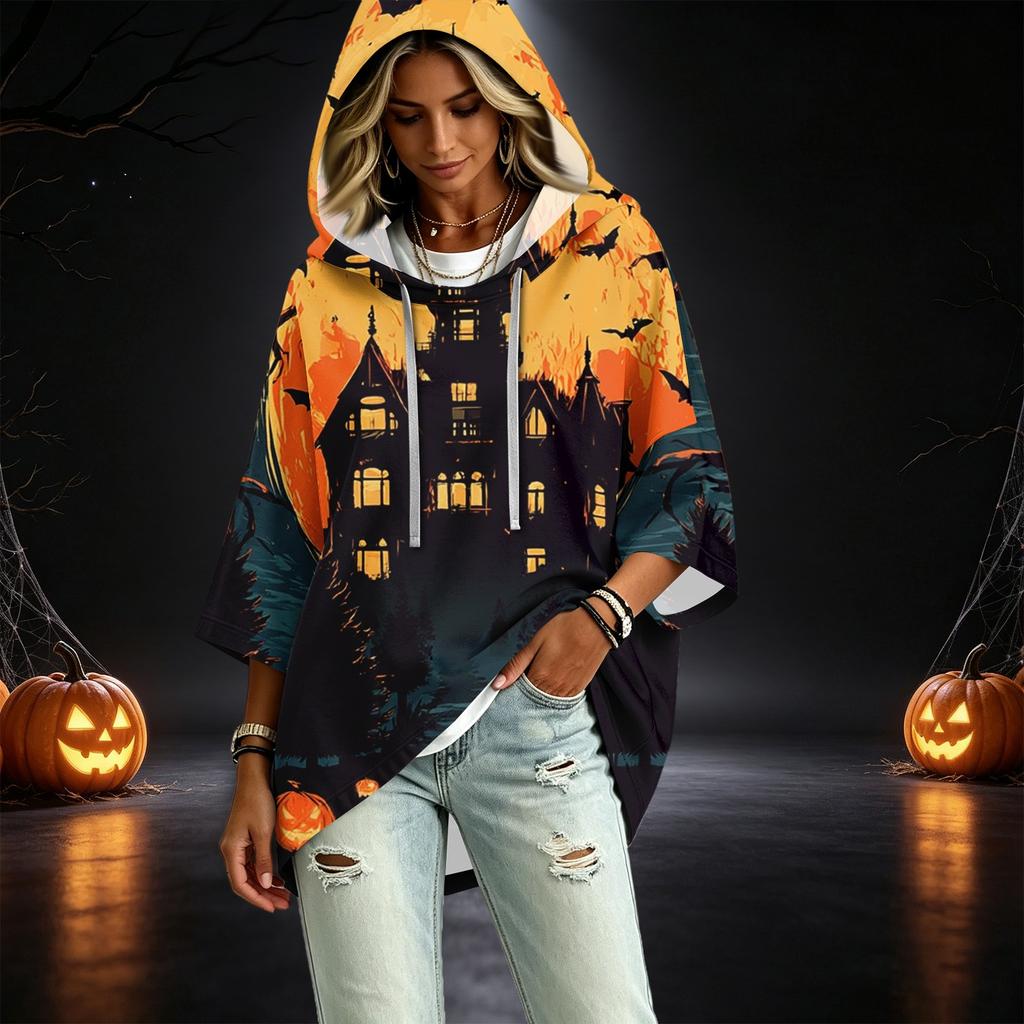 Women's Fashionable Three-Quarter-Sleeve Halloween-Printed Hooded Pullover