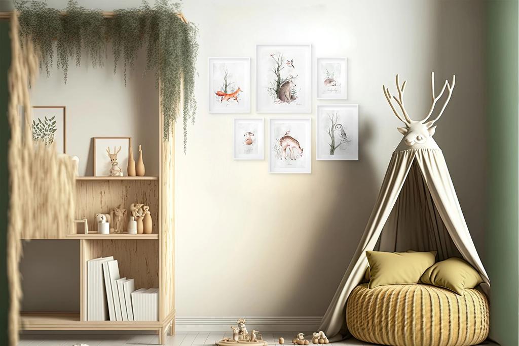 Plakaty dziecięce zestaw 6szt Galeria Akwarela Las Zwierzątka komplet 100x100