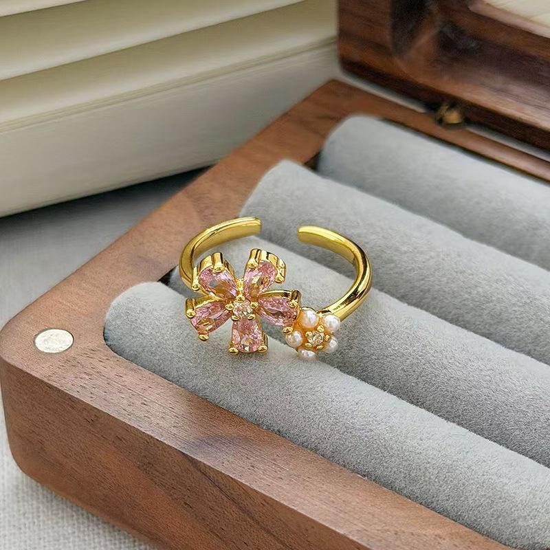 Medieval Vintage Pink Zircon Colored Treasure Open Ring Niche Light Luxury High Sense Stacked With Diamond Rings Woman
