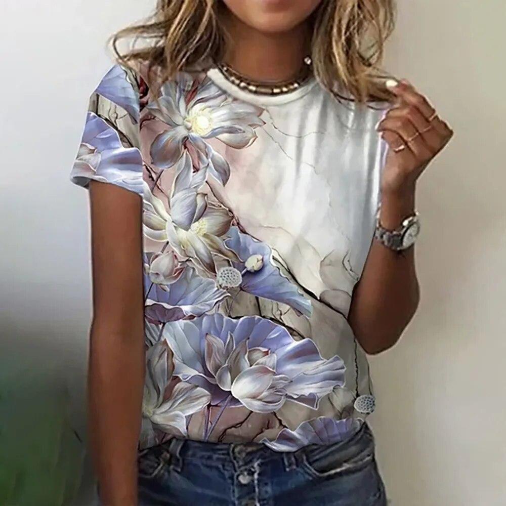 2023 Women's T-Shirts Fashion Floral Theme T Shirt Floral Plants Tees Summer Short Sleeve Top Basic Oversized Female Clothing