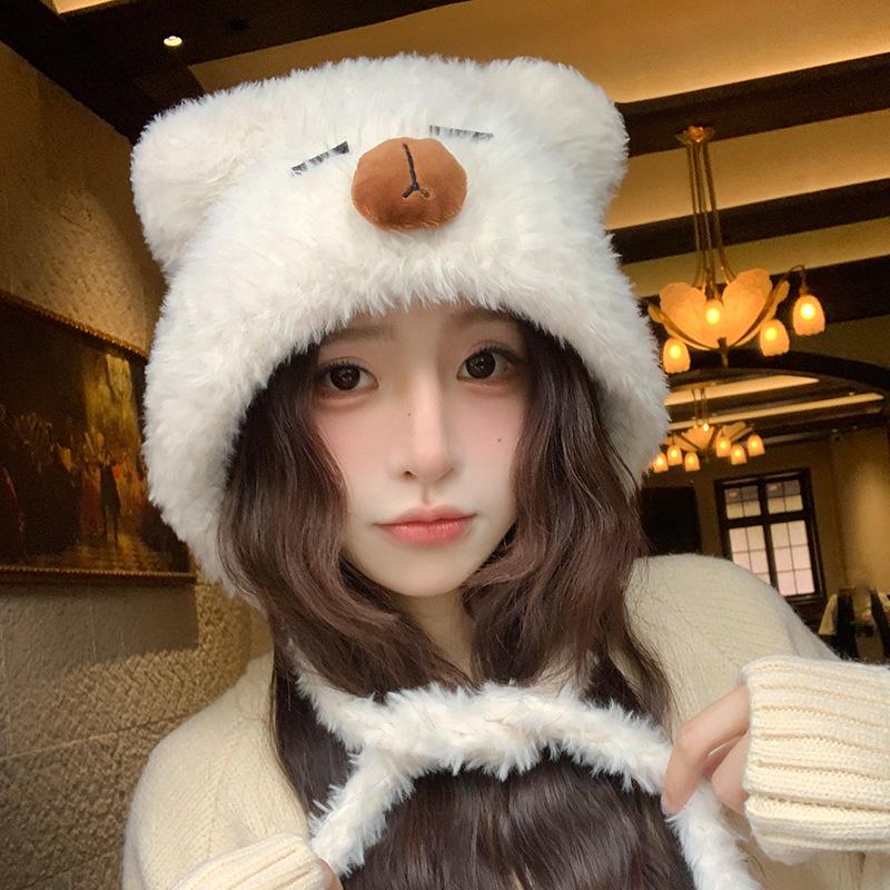 Kapibala Plush Needle Hat for Women In Winter Sweet and Cute Knitted Woolen Hat  Cycling Warm Ear Protecting Cap
