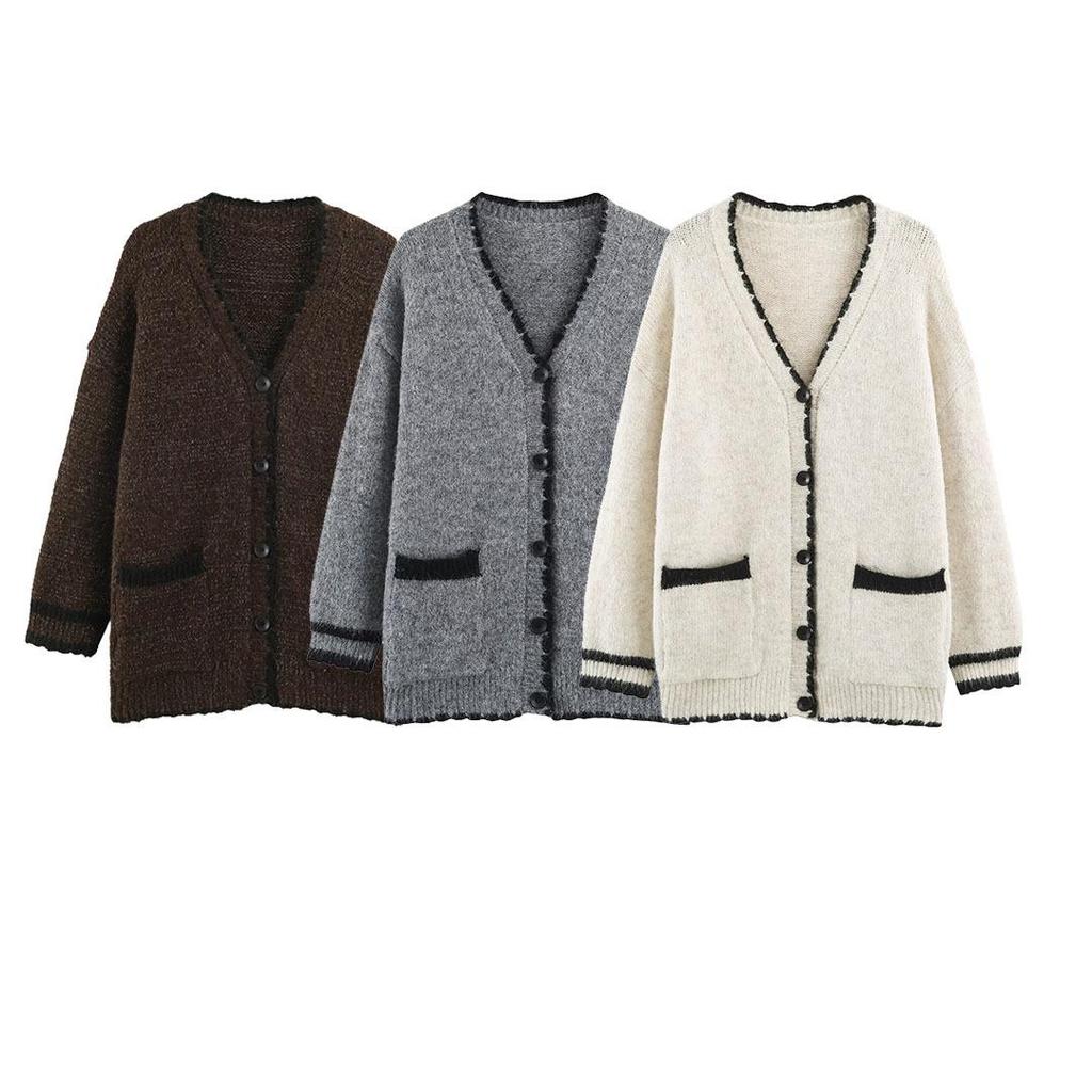 2026 Autumn European & American Bright Silk V-Neck Knit Cardigan with Contrasting Edge