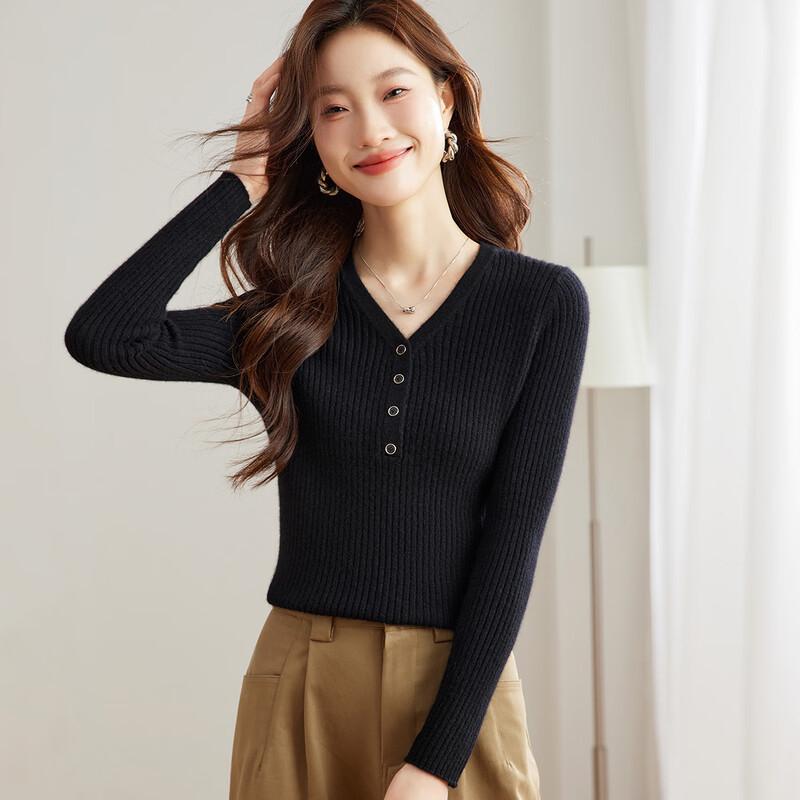 Srcr Women's 100% Consinee Cashmere Slim-Fit Ribbed V-Neck Sweater