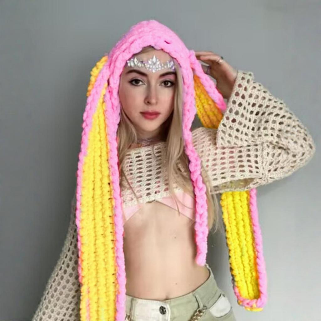 New Hand-Knitted Velvet Rabbit Ear Hat with Devil Horns - Warm, Thick, Sweet, and Stylish Spicy Girl Face Mask