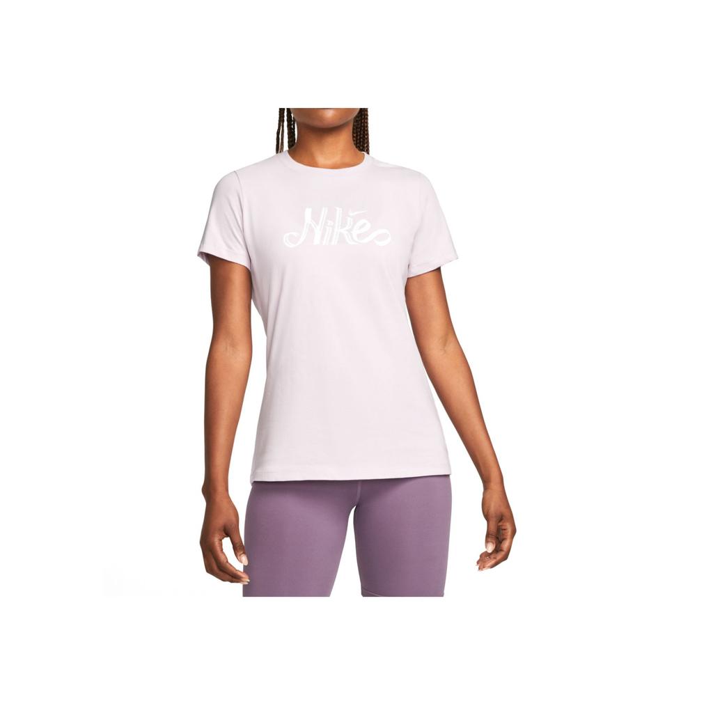 Nike Dri-Fit Letter Print Crew Neck Casual Short Sleeve T-Shirt Women Tops Light-Purple DN6685-530