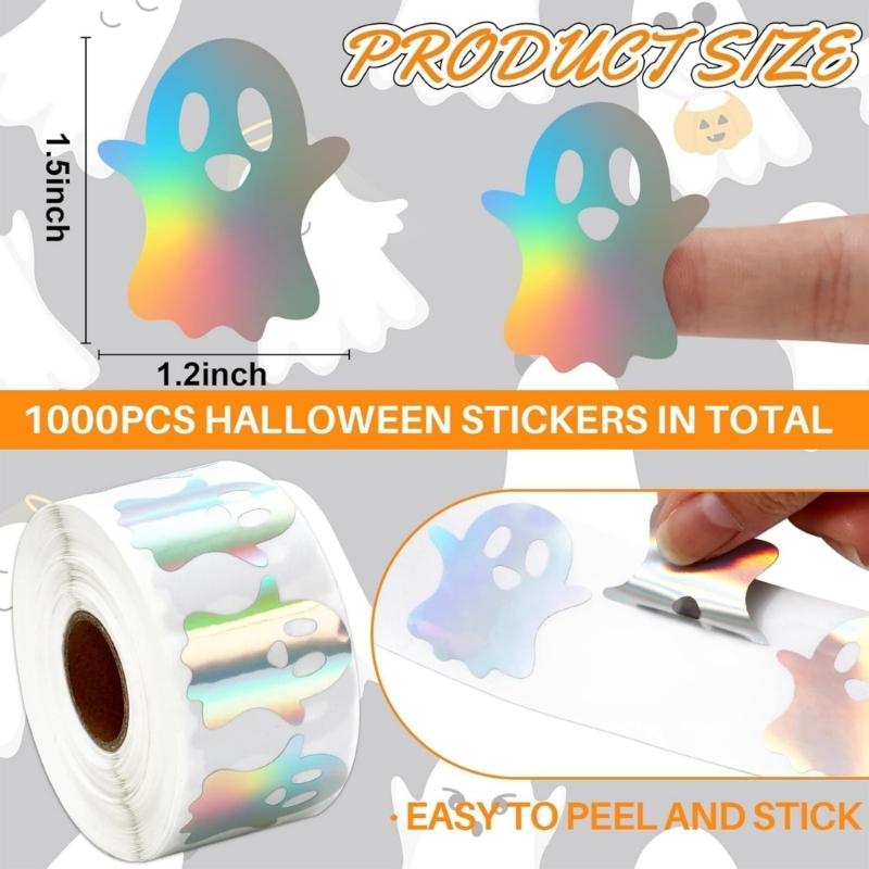 Round Reflective Colorful Sticker Halloween Christmas DIY Craft Projects Decors 2 Rolls 1000Pcs Adhesive Craft Labels