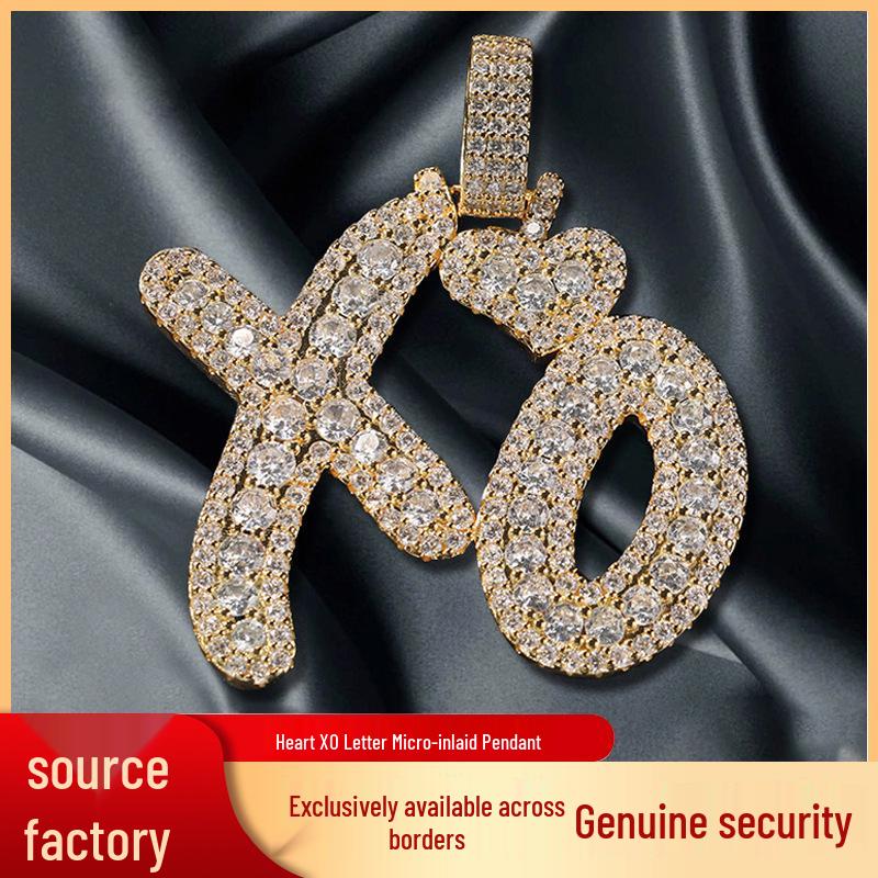 

Hip Hop XO Heart Pendant: Stylish Zirconia Necklace for Couples Gold with 3mm 24inch Rope Chain