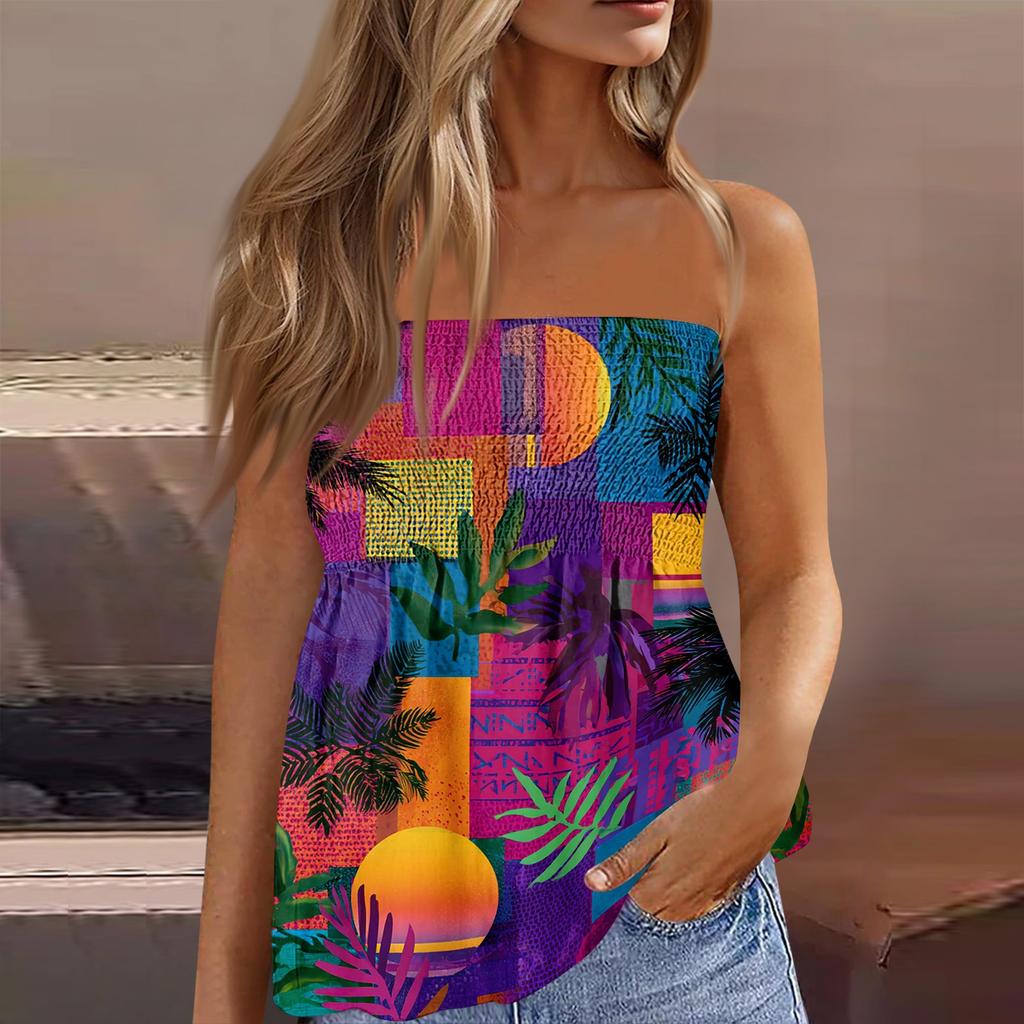 Women's Summer Fashion Strapless Top, Cute and Sexy Off-Shoulder Hawaiian Print Sleeveless T-Shirt