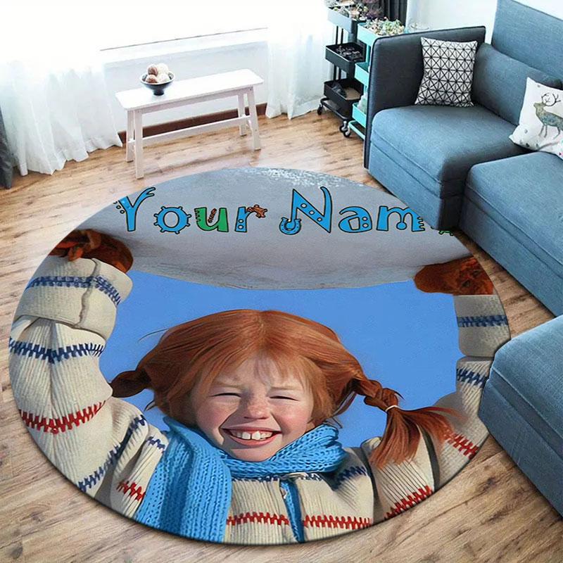 Pippi Longstocking Custom Name Round Area Rug,Carpet Rug for Living Room Bedroom Sofa Playroom Decor,Non-slip Floor Mat