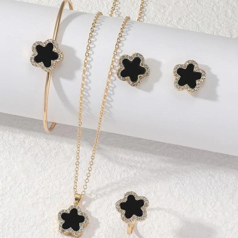 

4 PCS Set Flower Shape Pendant Earring Ring Bangle Set Crystal Stone Necklace Earring Stud Cuff Bangle Open RingJewelry Set