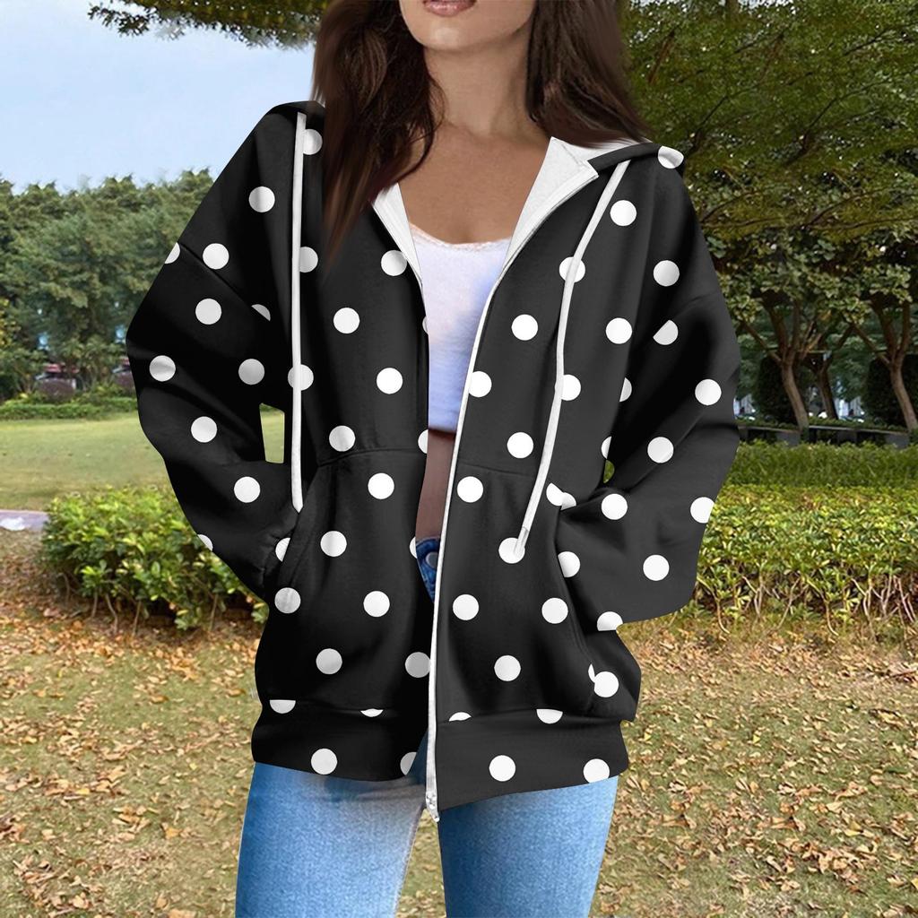 Sudadera con capucha para mujer, informal, de manga larga, con cremallera, estampado de lunares y rayas, ligera, para uso interior y exterior