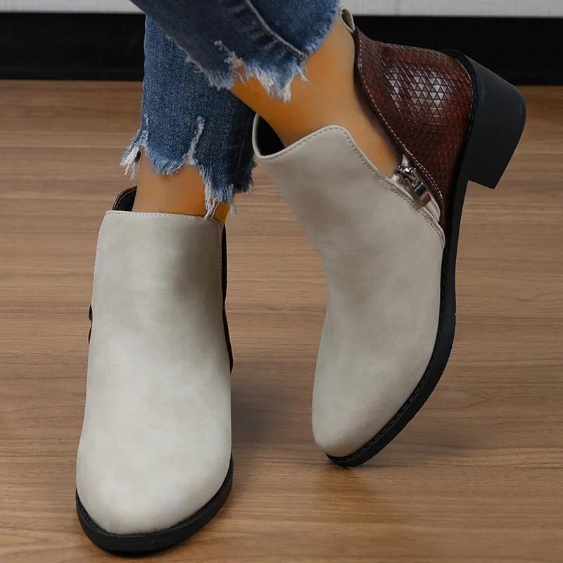 Fashion Women's Shoes 2024 Hot Sale Zipper Women's Boots Autumn Round Toe Mixed Colors Flock Short Barrel Mid Heel Large Size Boots