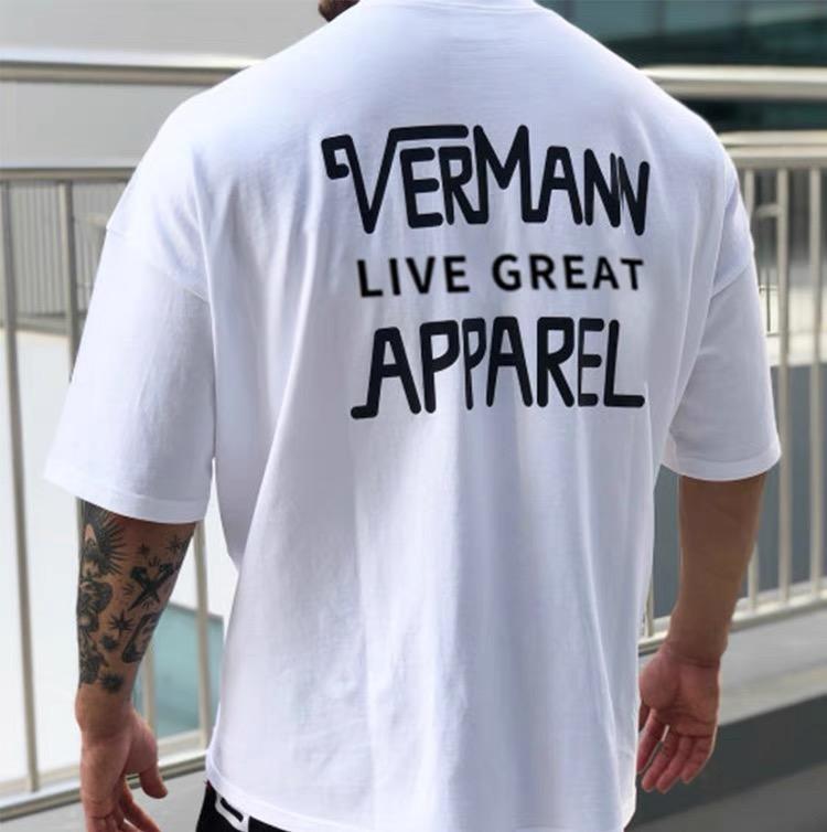 

New Korean Version Short-sleeved Sports Loose Round Neck Printed Breathable Sports Men s Pure Cotton T-shirt Fitness Casual Wear S