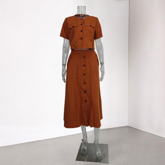 Women's Shirt And Skirt Solid Color O Neck Button Down Blouse Skirt with Pockets Summer Outfit for Office Business Occasions