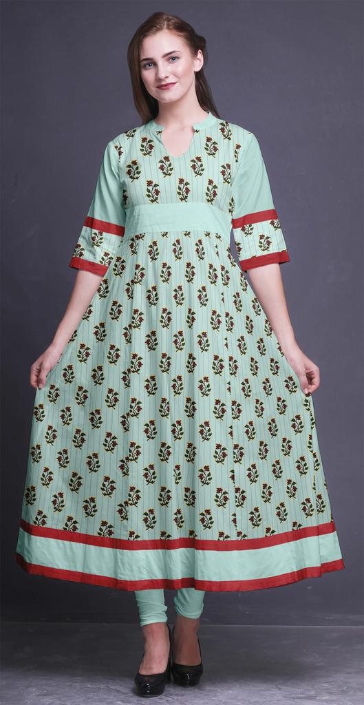 Bimba Gold Leaves & Peony Floral Printed Womens AnarkaliA  KurtiA  Kurta Flared Maxi Blouse