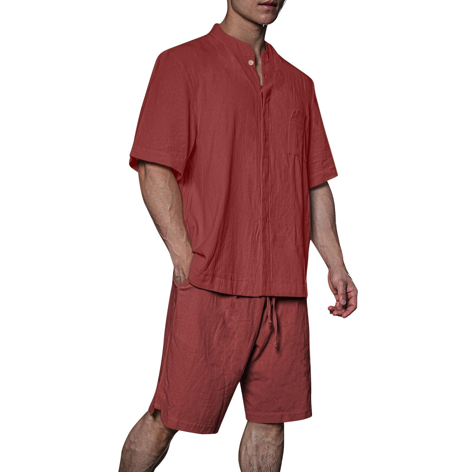 

Чоловіча однотонна бавовняна сорочка без коміра з кишеньковим льоном і ґудзиками S червоний
