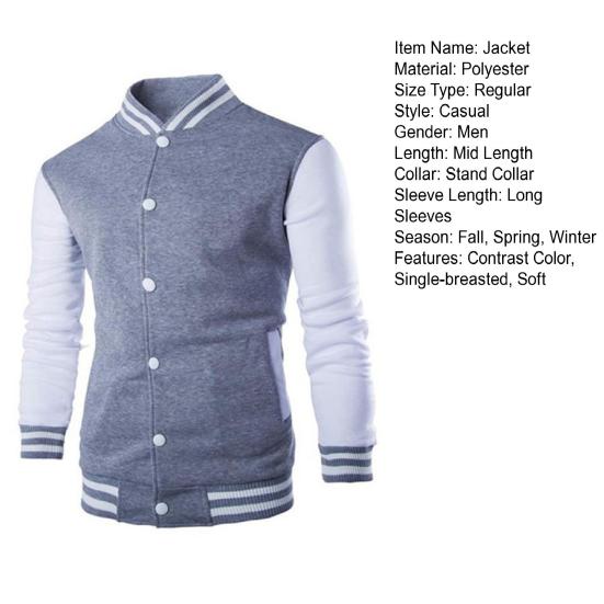 Chaqueta de otoño-invierno para hombre, cuello alto, color a juego, un solo pecho, manga larga, cárdigan a rayas, bolsillo, corte ajustado, abrigo de béisbol de longitud media