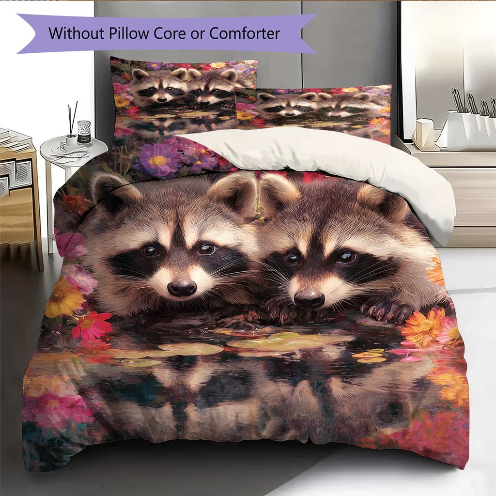 Raccoon and Fresh Flowers Pattern Bedding Home Decoration Birthday Gift (1 * Duvet Cover + 2 * Pillowcase, Without Core)