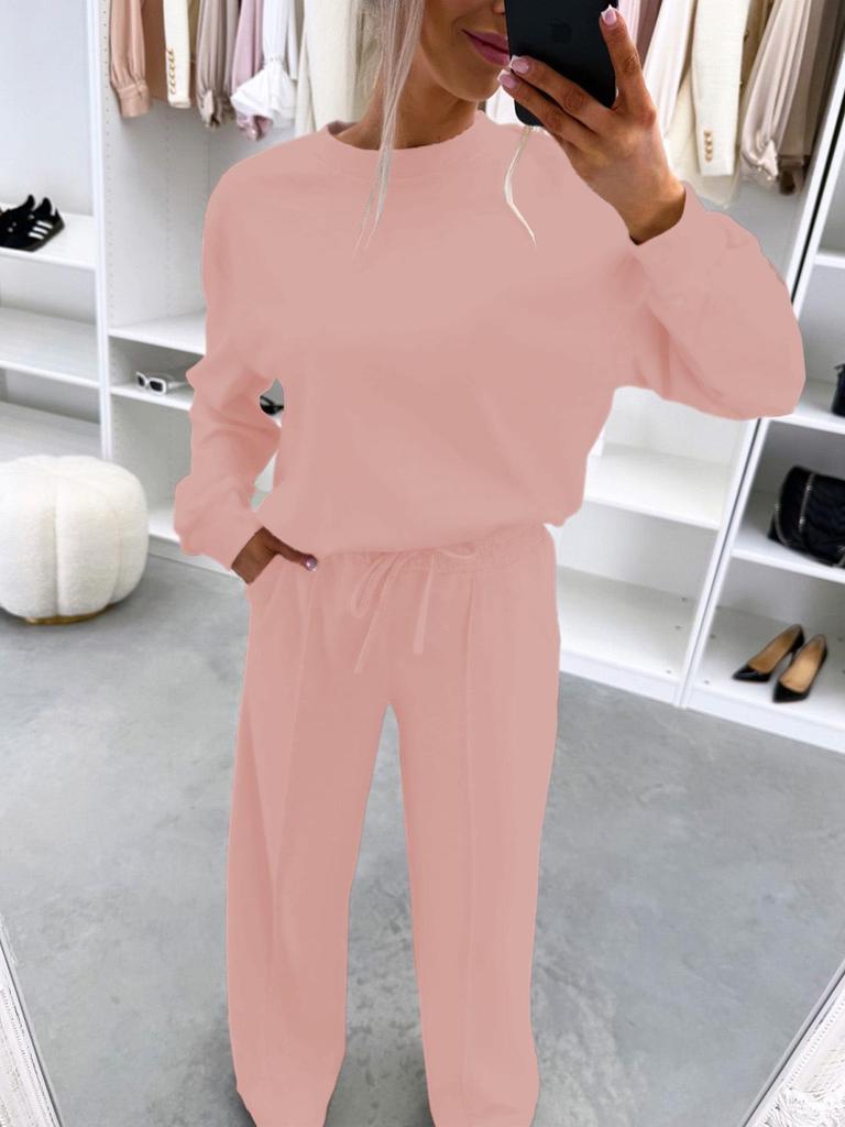 2026 Autumn/Winter European & American Style Casual Two-Piece Set: Drop Shoulder Long Sleeve Top & Ruched Long Pants