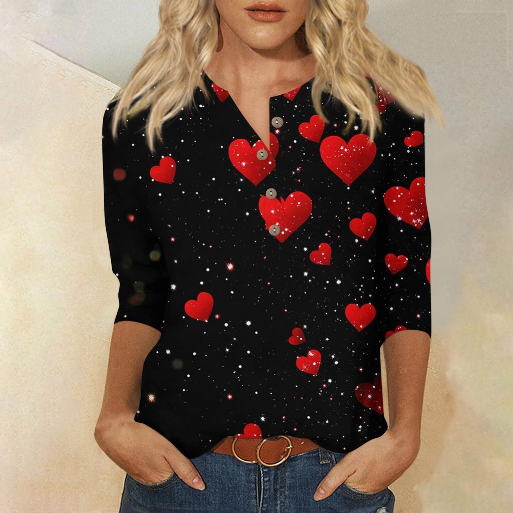 Damenmode Lässig Knopf 3/4 Ärmel Valentinstag Bedruckt Hals Oberteil
