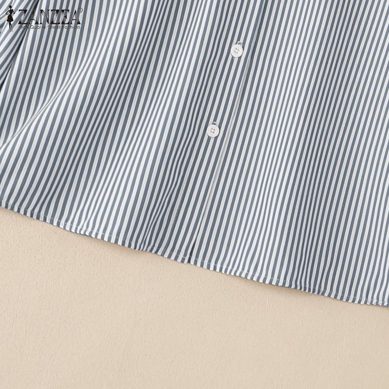 ZANZEA Women Casual Turn Down Collar Loose Long Sleeve Stripe Blouse