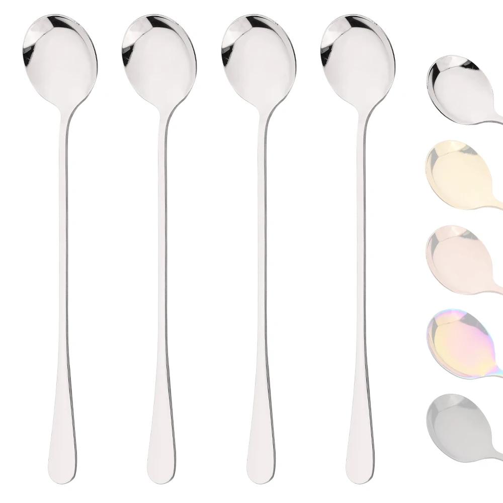 

4Pcs Coffee Stirring Spoon Flatware Cutlery Set Juice Silver Tea Spoons Dinnerware Ice Cream Long Handle Scoop Kitchen Tools серебряный