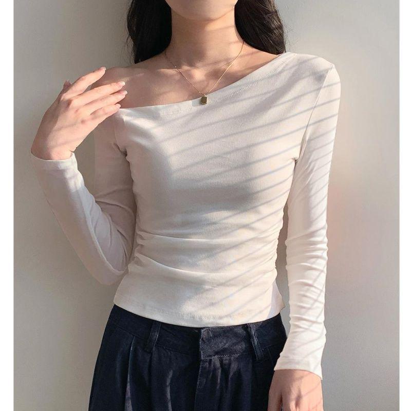 White One-Shoulder Long-Sleeve Top for Women, Early Spring/Autumn 2025, Off-Shoulder Slim-Fit Design. Small (80-95 lbs) белый