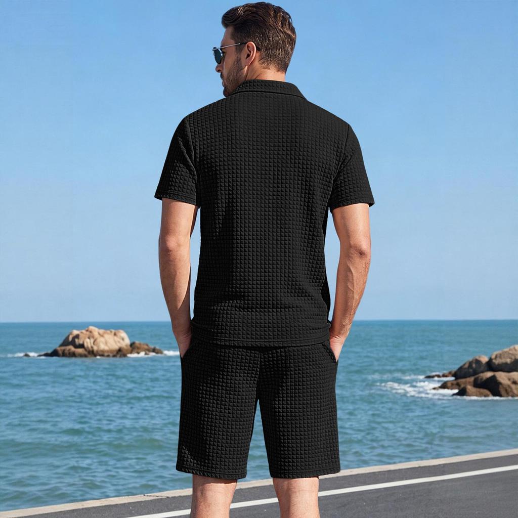 Men's Short Sleeve Polo Shirt and Shorts Set Casual Lightweight Breathable Summer Outfit with Zip Front Collar and Elastic Waistband Drawstring