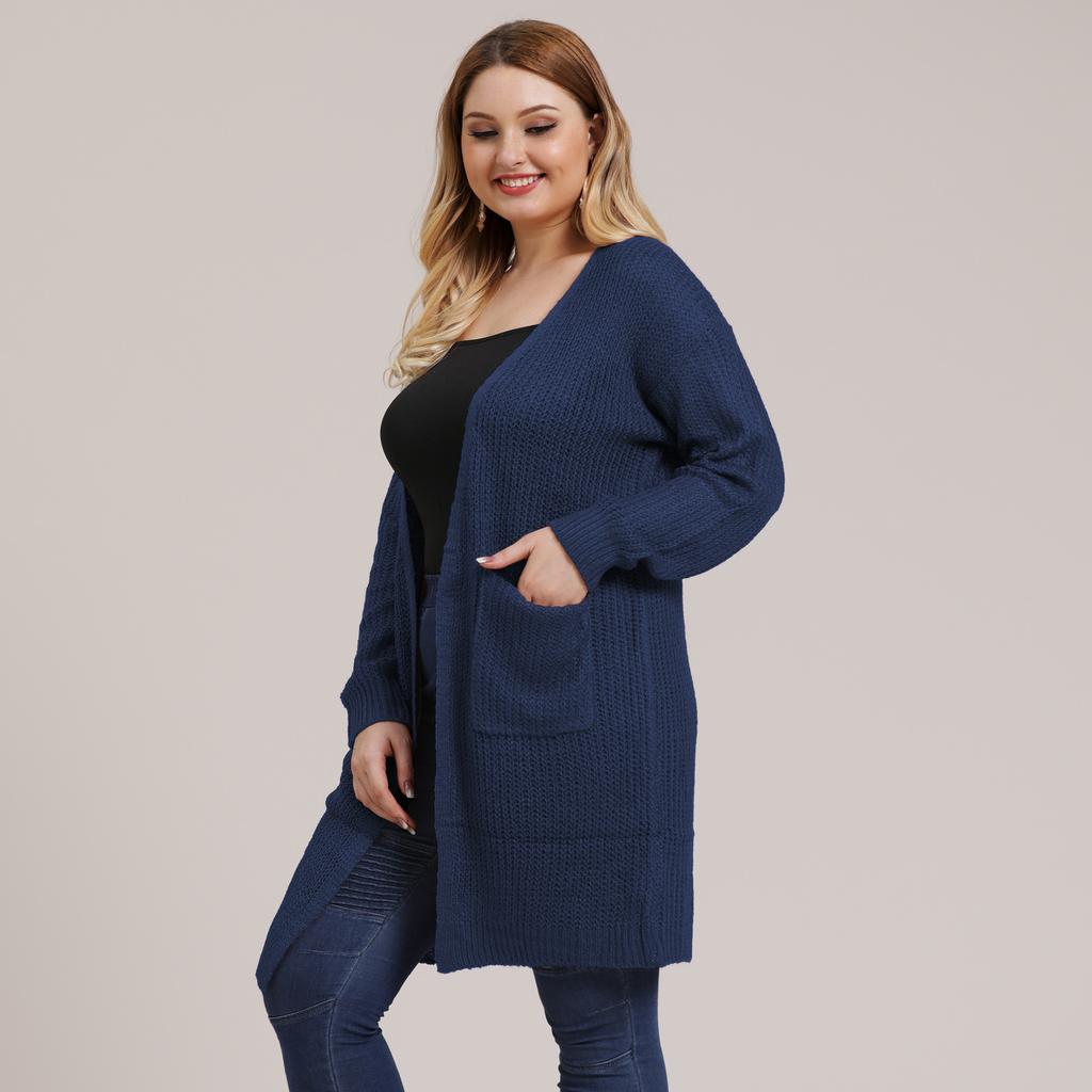 Autumn and Winter Large Size Women's Pocket Knitted Cardigan Mid-Length Sweater