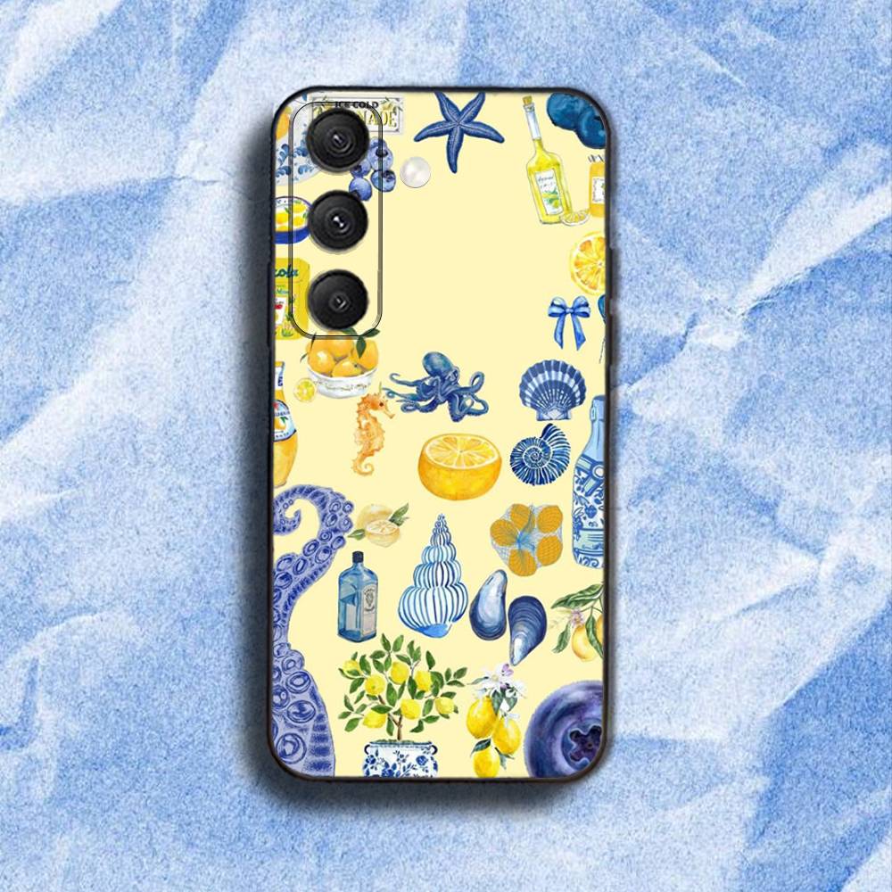 European Amalfi Coast Lemon Phone Case For Samsung S 25,24,23,22,30,21,10,9,Ultra,Plus,Lite,FE,4,5G Black Soft Case
